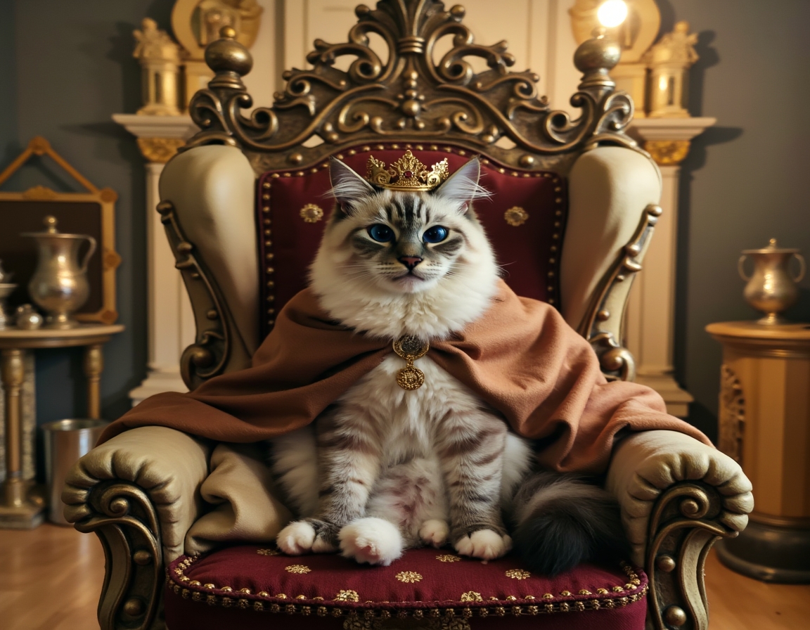 Cat poses regally on a golden throne inside a castle, wearing a crown and cape. Ornate royal decorations surround the scene.